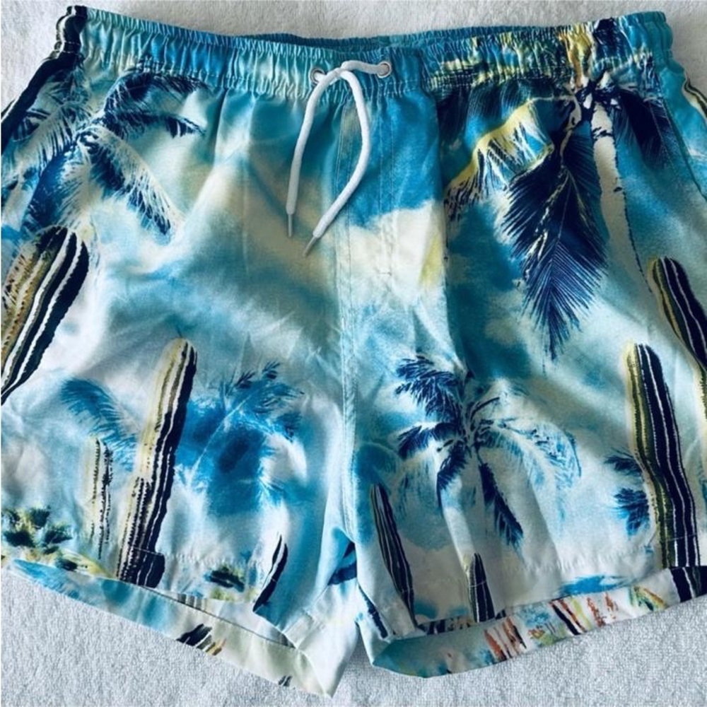 Preowned Aussie Bum Australia Multicolor Blue Palm Men's Swim Shorts Sz L, XL